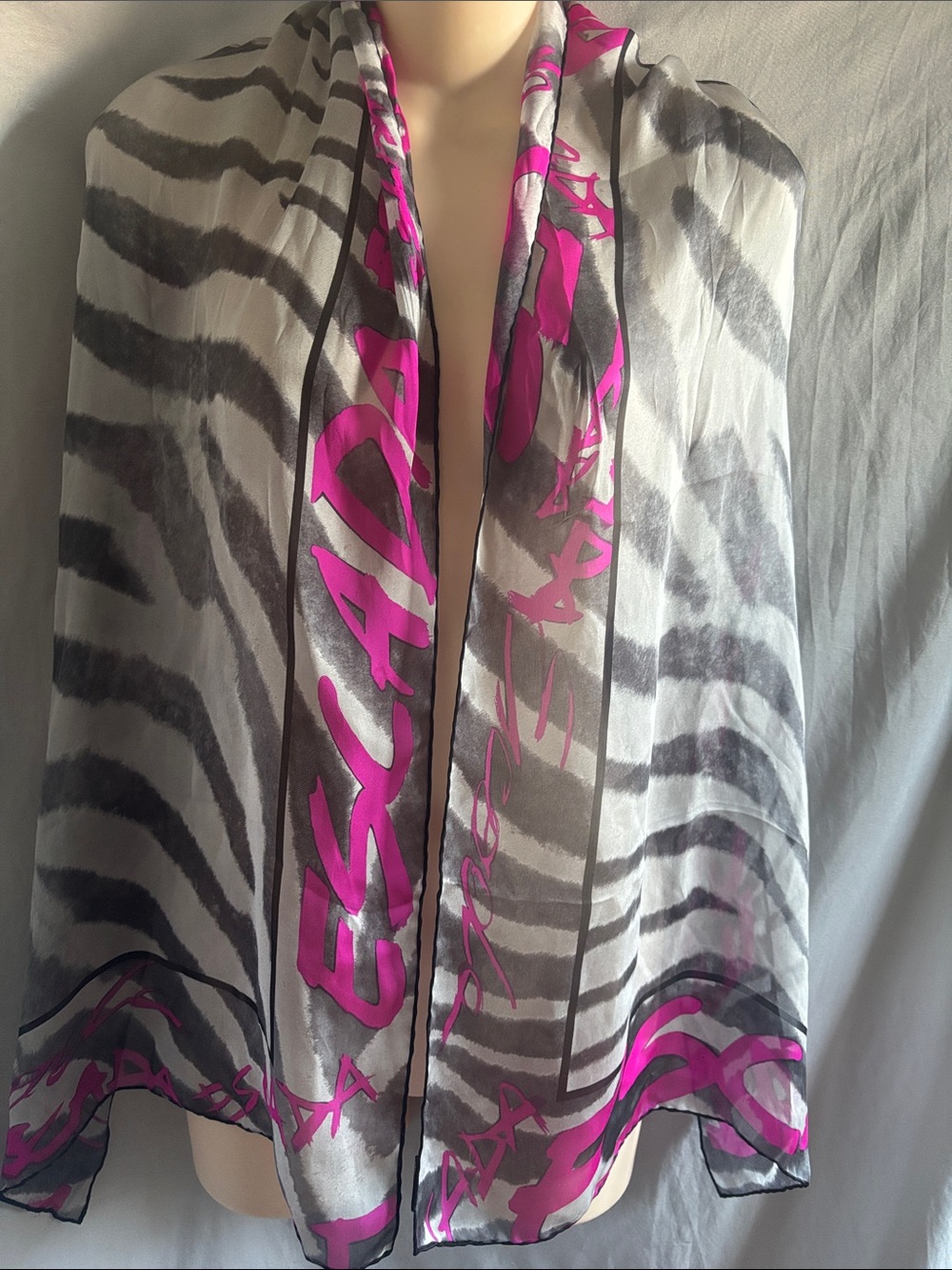 Escada Gray Zebra Print Scarf with Hot Pink Script